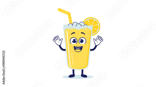 A cheerful cartoon character of a happy iced lemonade drink with a straw and lemon slice enthusiastically waving.