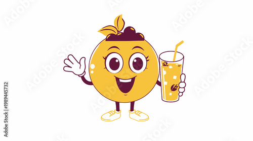 A cheerful pineapple character happily holds a refreshing drink in a cartoon scene.