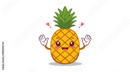 A cheerful pineapple character with a cute face waves happily outdoors