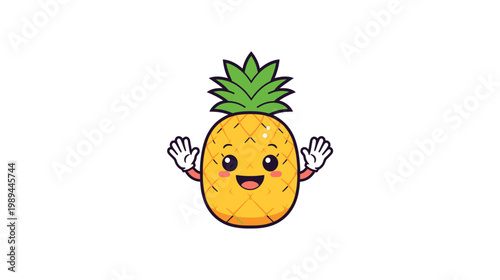 A happy cartoon pineapple character with gloves waves enthusiastically outdoors