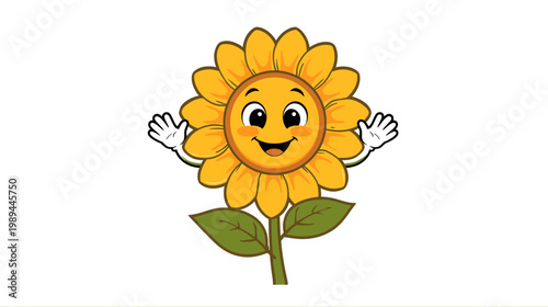 A happy sunflower character with a cute smiling face waves enthusiastically outdoors