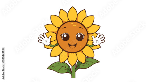 A happy sunflower character smiles brightly with raised hands outdoors