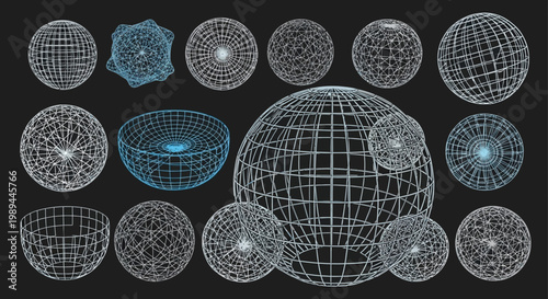 Set of Abstract Wireframe Spheres and Geometric 3D Grid Orbs