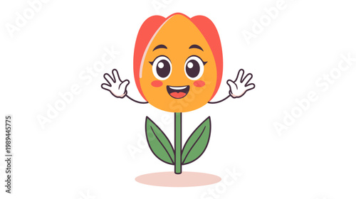 A cheerful tulip flower character with a cute smiling face waves happily.