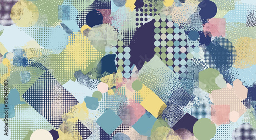Abstract Geometric Pattern with Halftone Dots and Textured Shapes