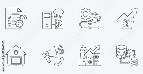 Business Continuity and Disaster Recovery Line Icon Set. Remote Work, Data Backup, and Resilience Outline Vector Symbols.
