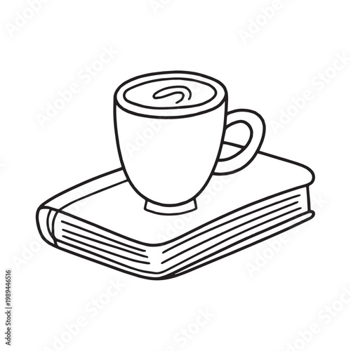 stacked composition espresso cup and notebook, black and white outline doodle