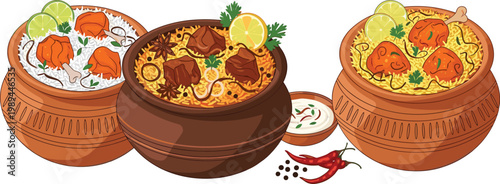 Traditional Indian Biryani and Rice Dishes Served in Clay Pots with Spices Lemon and Chili South Asian Food Vector Illustration