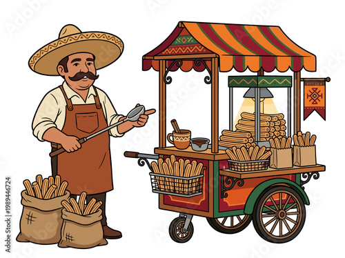 Mexican street vendor selling churros from colorful cart traditional street food culture concept