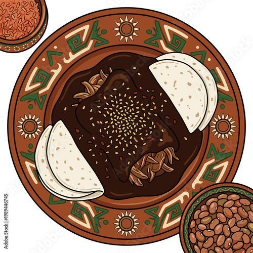 Traditional mexican mole poblano dish with sauce sesame seeds and tortillas authentic cuisine food concept