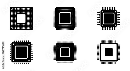 Computer processor icons set, black microchip vector symbols, electronic CPU and semiconductor hardware elements for technology design