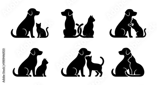 Minimalist cat and dog silhouettes, set of 6 pet friendship icons, black animal vector graphics for veterinary clinic branding and pet shop logos