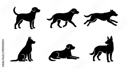 Black dog silhouette vector set, collection of 6 canine animal icons in various poses, standing sitting and running dog profiles for pet logo design