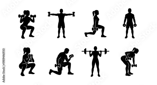 Fitness workout silhouettes set, 8 gym exercise icons with dumbbells and barbells, male and female weightlifting figures for bodybuilding and strength training