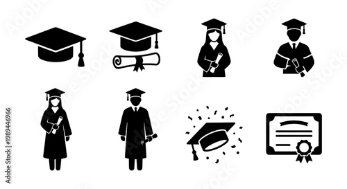 Graduation icon set with students and mortarboard caps, academic achievement symbols, 8 black vector silhouettes for education and degree ceremonies