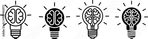 Brain light bulb idea icon set Creative thinking brain in light bulb icons