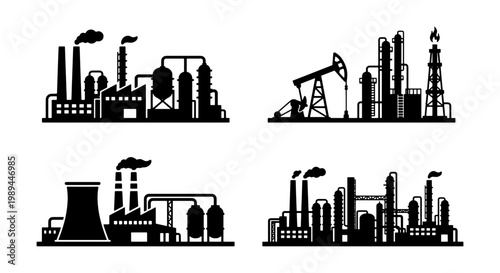 Industrial factory silhouette icons set, oil refinery and manufacturing plant vector illustrations, power station and fuel production facility graphics