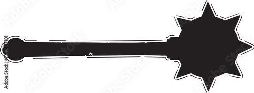Black silhouette of Medieval morning star mace with spiked iron ball head and long handle isolated on white background