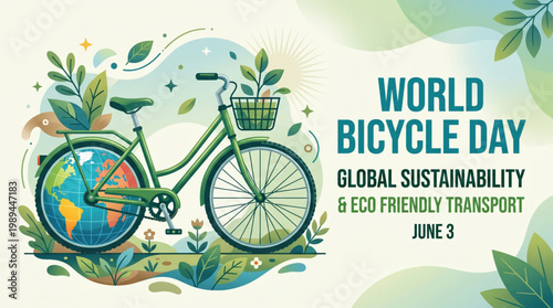 Eco bicycle with globe wheel and green plants illustration for world bicycle day theme promoting sustainability environmental awareness and clean transport lifestyle concept