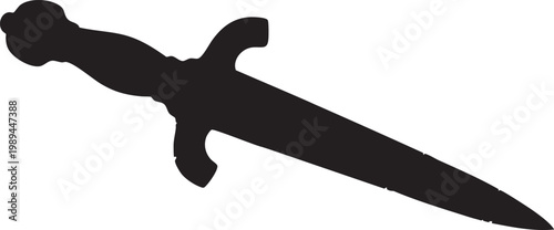 Black silhouette of sharp Medieval Dagger or ancient short sword with decorative Hilt and handle isolated on white background