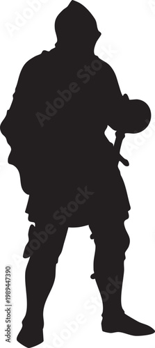 Full black silhouette of a Medieval knight in heavy armor standing heroically isolated on white background for historical fantasy and warrior designs