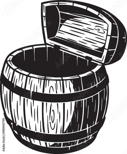 Hand drawn vintage wooden barrel with open lid illustration in classic black and white engraved style isolated on white background