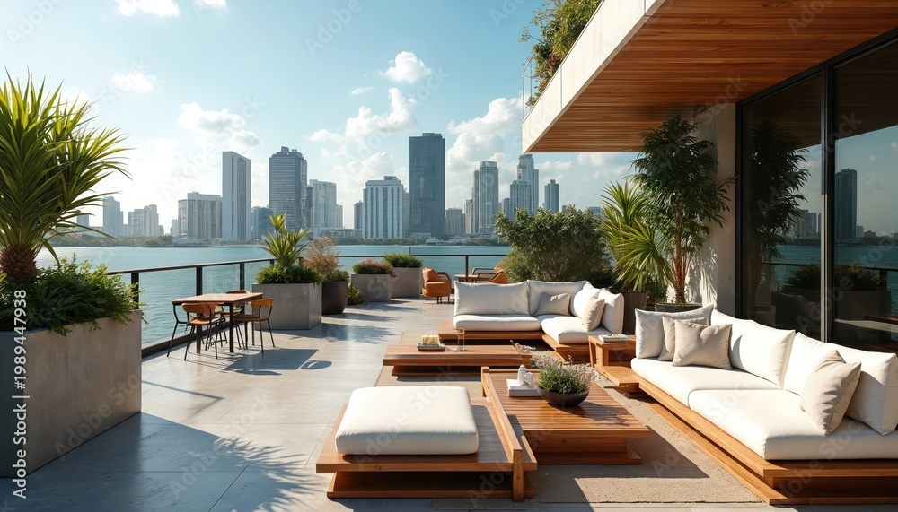 Naklejka premium Modern Miami rooftop lounge with chic white sofas, wooden tables, and lush plants overlooks city skyline. Ocean water sparkles under bright sunny sky, offering relaxation spot.
