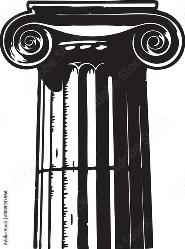 Detailed black and white illustration of classic ionic column capital and fluted shaft isolated on white background, ancient Greek architecture and historical strength