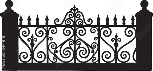 Elegant black silhouette of ornate wrought iron gate with decorative scrolls and classical swirls isolated on white background for architectural and garden design