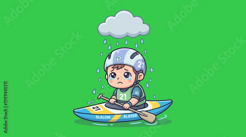 Sad Kayaker in the Rain with Green Background