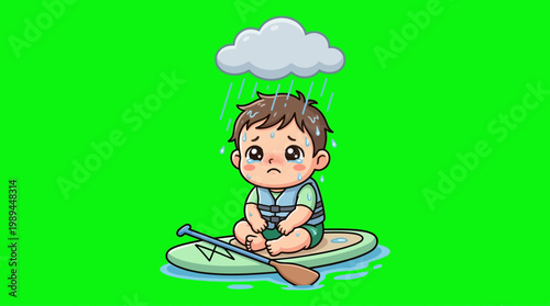 Sad Cartoon Boy Paddling in the Rain on Paddleboard