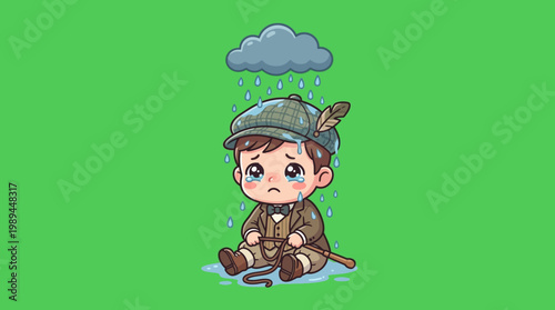 Sad Little Boy Crying in the Rain