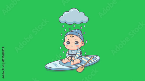 Sad Baby on a Paddleboard in the Rain