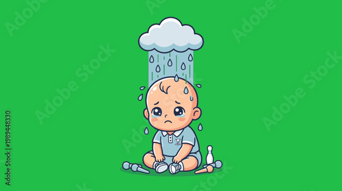 Sad Baby Under Rain Cloud Cartoon Style