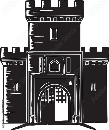 Classic black and white linocut style illustration of Medieval stone castle fortress with crenelated towers and large gatehouse for historical heraldic design