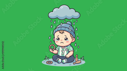 Sad Baby Sitting Under Rainy Cloud Vector