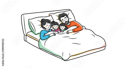 A young family sleeping peacefully together in a comfortable bed.