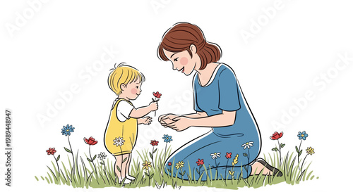 A mother and her young son sharing a tender moment in a garden.