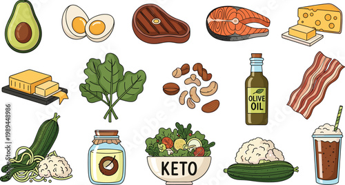 Keto Diet Food Vector Set Avocado Meat Cheese Low Carb Illustration