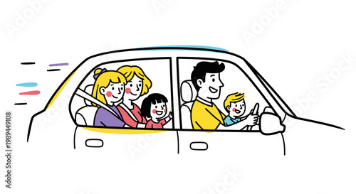 Happy diverse family riding together in a car illustration.