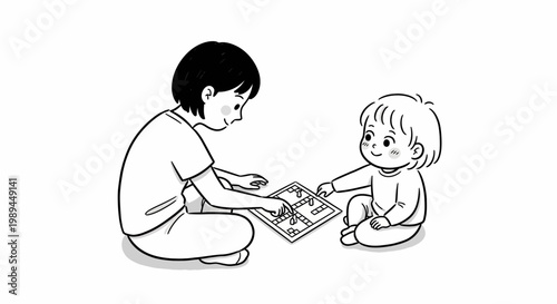 A woman and a young toddler sitting on the floor playing a board game together.