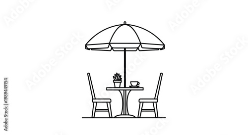 A charming outdoor cafe scene with an umbrella and seating silhouette