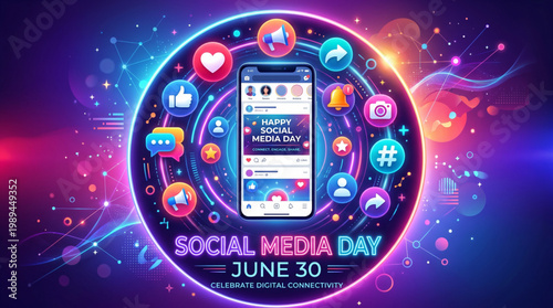 Vibrant social media day concept with smartphone interface surrounded by colorful icons representing communication engagement branding and digital marketing celebration theme