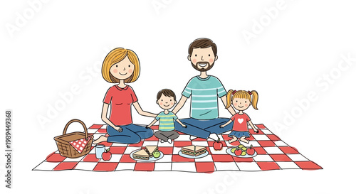 Happy family having a picnic on a red checkered blanket.