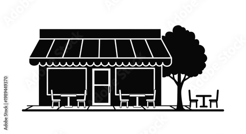 A charming cafe exterior with outdoor seating presented as a bold silhouette