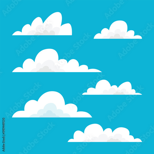 Flat vector clouds collection. Cute cartoon cloud shapes isolated on blue background for sky design, weather icons, and nursery illustrations.