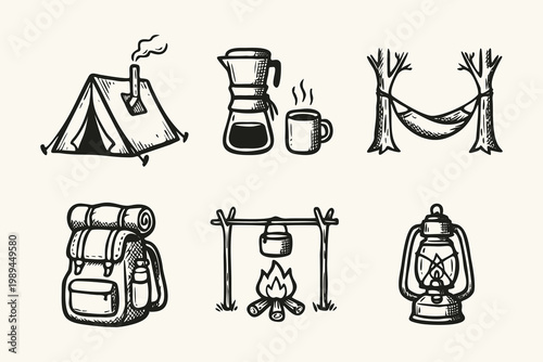 Hand-Drawn Vintage Camping and Outdoor Adventure Icon Set