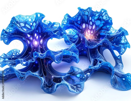 Abstract forms glow with blue light and tiny stars on a white backdrop, creating a surreal and ethereal aesthetic