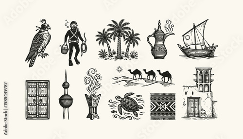 Arabian Heritage and Culture Linocut Icon Collection