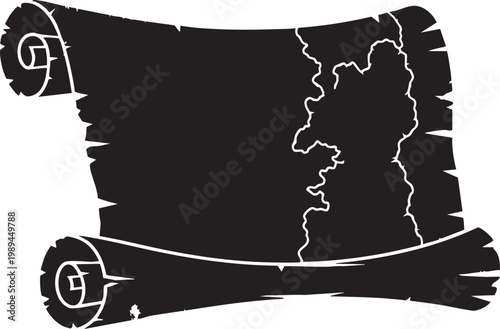 Ancient Medieval paper scroll silhouette with ragged edges and weathered texture, historical document concept, pirate map, antique stationery design element